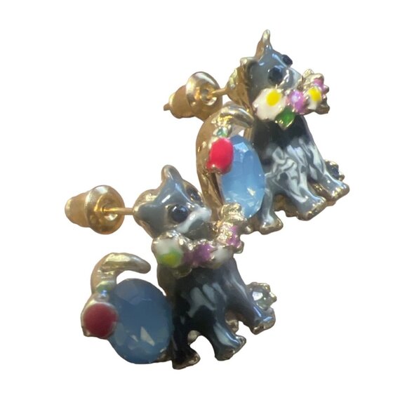 Cat Themed Earrings Enamel Crystal Stud Blue Flowers Cute Catlovers - Picture 6 of 6